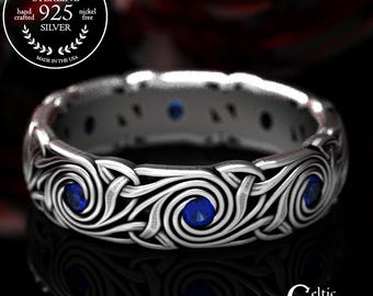 Celtic Knot Ring, Swirl Wedding Band, Trinity Knot Ring, Sterling + Sapphire Wedding Ring, Silver Spiral Ring, Celtic Wedding Ring, 1289