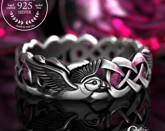 Ruby Woman's Bird Ring, Sterling Ruby Puffin Wedding Band, Ruby Bride Celtic Ring, Ocean Birds Jewelry, 2124