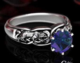 Alexandrite Wolf Engagement Ring, Sterling Wolf Engagement Ring, Celtic Alexandrite Solitaire Ring, Wolf Wedding Ring, Direwolf Ring, 1868