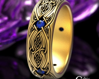 Mens Sapphire Celtic Band, 10K Gold Trinity Ring, 14K White Gold Celtic Wedding Ring, Men 14K Gold Irish Ring, 18K Celtic Wedding Ring, 1817