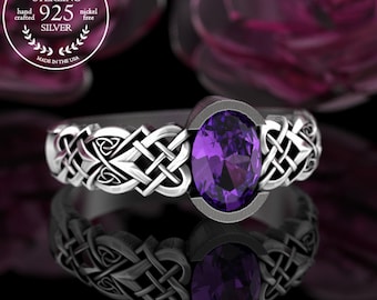 Amethyst Celtic Engagement Ring, Amethyst Heart Engagement Ring, Sterling Celtic Bridal Ring, Amethyst Heart Ring, Celtic Wedding Ring, 3017