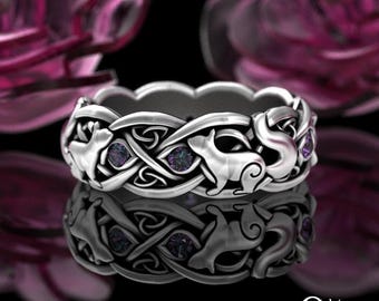Alexandrite Squirrel Wedding Band, Sterling Forest Ring, Norse Ratatoskr Ring, Silver Animal Ring, Celtic Woodland Wedding Ring, 3143