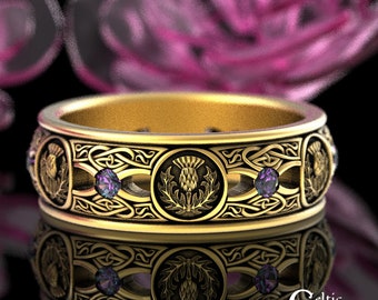 Alexandrite & Gold Thistle Wedding Band, 10K Alexandrite Scottish Ring, 10K Alexandrite Wedding Ring, 14K Gold Irish Thistle Ring, 4409