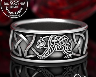 Sterling Silver Bear Wedding Ring, Celtic Bear Ring, Mens Wedding Band, Silve Bear Ring, Wide Mens Ring, Mens Celtic Wedding Band, 1127