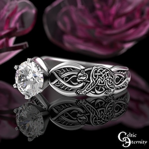 1 Carat Bear Solitaire Ring, Sterling Moissanite Bears Viking Engagement, Bridal Irish Knotwork Wedding Ring, Welsh Bear Proposal Ring, 3176