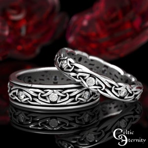 Celtic Wedding Band Set in Sterling Silver With Moissanites, Irish Unity Tuatha Rings, His Hers Pagan Handfasting Ceremony Rings, 1467 1469