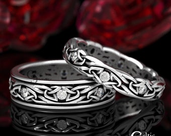 Celtic Wedding Band Set in Sterling Silver With Moissanites, Irish Unity Tuatha Rings, His Hers Pagan Handfasting Ceremony Rings, 1467 1469