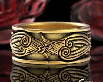 Mens Gold Raven Ring, Hugin Munin, 10K Viking Raven Ring, 14K Raven Wedding Ring, Gold Odin Ring, Norse Raven Ring, Celtic Raven Ring, 1670