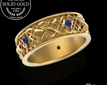 Mens Sapphire Celtic Wedding Ring, Heart Gold Wedding Band, Sapphire Gold Celtic Knot Ring, Platinum Wedding Band, Mens 10K Ring, 4015