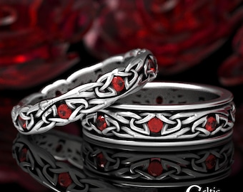 His & Hers Sterling Wedding Band Set, Narrow Wedding Rings, Celtic Wedding Ring, Ruby Celtic Wedding Ring Set, Ruby Wedding Ring,1467 1469