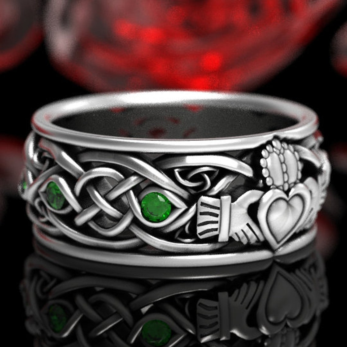 Mens Sterling Silver Celtic Claddagh Ring With Emeralds Etsy