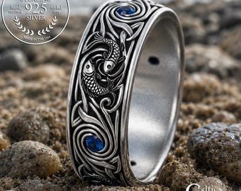 Sapphire Men's Japanese Koi Fish Wedding Band, Sterling Groom's Ocean Wave Ring, Blue Sapphire Pisces Ring, 2103