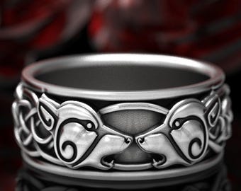 Sterling Silver Wolf Band, Silver Geri & Freki Ring, Mens Shadow Fang Ring, Norse Wolves Wedding Ring, Celtic Knot Wolfkin Union Ring, 1308