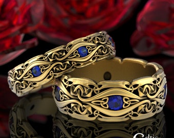 10K Sapphire Mushroom Rings, Matching Gold Celtic Rings, Matching Celtic Wedding Bands, 10K Sapphire Ring Set, 14K Celtic Ring Set 1378 1535