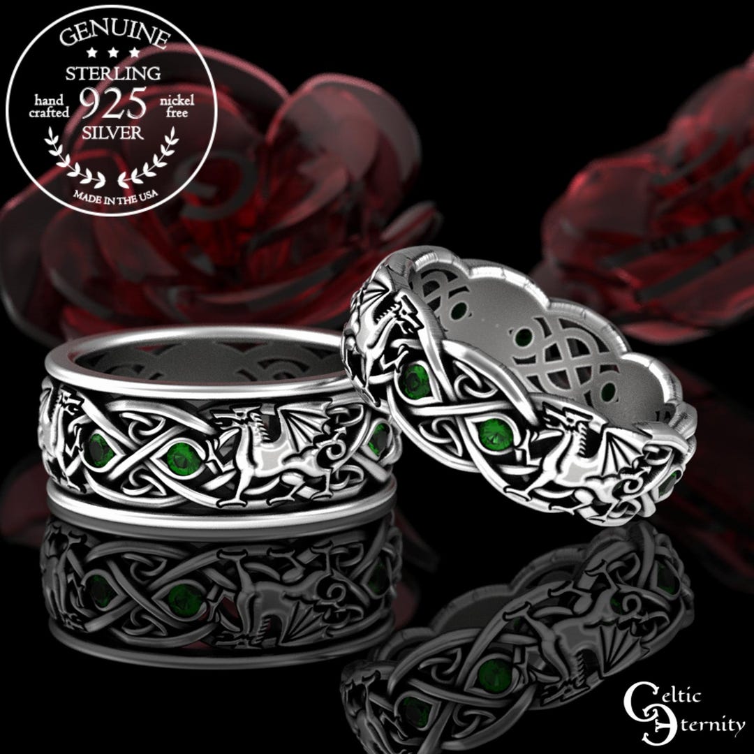 Matching Emerald Dragon Wedding Bands, Emerald Norse Rings, Sterling ...