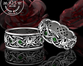 Matching Emerald Dragon Wedding Bands, Emerald Norse Rings, Sterling His Hers Dragon Rings, Scottish Wedding Bands, Welsh Dragons, 3016 3109