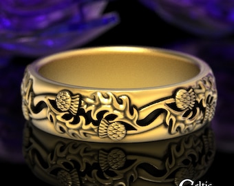 10K Thistle Ring, Gold Scottish Thistle Wedding Band, 10K Scotland Wedding Ring, 14K Thistle Celtic Ring, 14K Gold Irish Celtic Ring, 1778