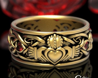 Gold Claddagh Ring with Rubies, Modern Claddagh Wedding Ring, Celtic Gold Wedding Band, Irish Love Ring, Mens Claddagh Ring, 1688