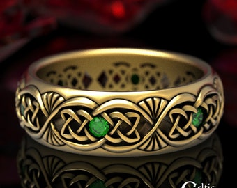 Mens Emerald Wedding Band, Gold Celtic Wedding Band, Mens Gold Wedding Ring, Gold Emerald Mens Ring, Mens Celtic Wedding Band, 1579