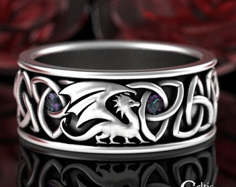 Alexandrite Welsh Dragon Ring, Sterling Mens Dragon Wedding Band, Silver Celtic Dragon Ring, Irish Dragon Ring, Scottish Dragon Ring, 3053