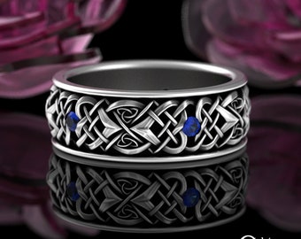 Sapphire & Sterling Mens Ring, Sapphire Knotwork Ring, Traditional Celtic Wedding Ring, Sapphire Mens Ring, Sapphire Wedding Band, 4015