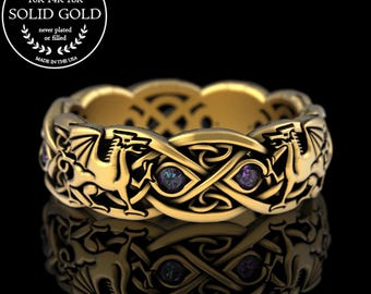 Alexandrite Welsh Dragon Ring, 10K 14K Dragon Wedding Band, Celtic Dragons Wedding Ring, Dragon Soulmate Ring, Women Irish Gold Dragon, 3016