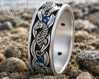 Sterling Groom's Sea Animal Ring, Sapphire Men's Seahorse Wedding Ring, Silver Ocean Themed Jewelry, 2105