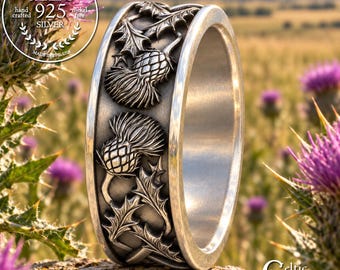 Men's Scottish Highlands Thistle Ring, Sterling Groom Celtic Wedding Band, Silver Irish Flower Jewelry, Scotland Thistle Anniversary, 2127