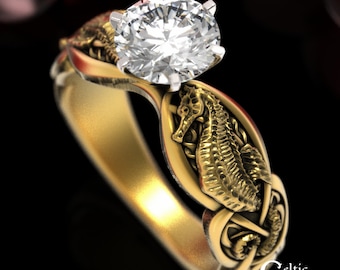 10K Seahorse Ring, 14K Moissanite Celtic Engagement Ring, Gold Sea Horse Ring, Celtic Sea Horse Ring, 10K Ring, Sea Horse Wedding, 1869
