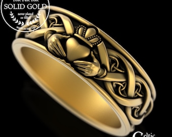 Solid Gold Claddagh & Infinity Pattern Knotwork, 10K 14K White Gold Scottish Groom's Wedding Band, Platinum Mens Heart Crown Ring, 3222
