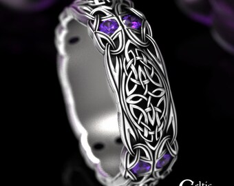 Amethyst Celtic Wedding Ring, Sterling Silver Trinity Wedding Band, Celtic Wedding Band, Silver Eternity Ring, Amethyst Celtic Ring, 1468