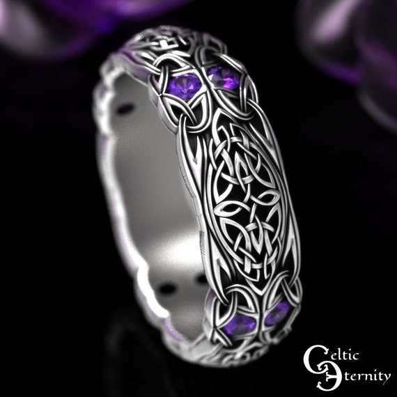 Amethyst Celtic Wedding Ring, Sterling Silver Trinity Wedding Band, Celtic Wedding Band, Silver Eternity Ring, Amethyst Celtic Ring, 1468