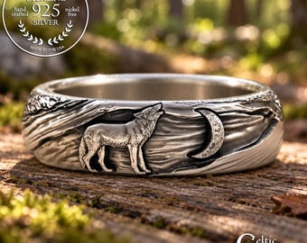 Sterling Wolf Howling at the Moon Ring, Silver Crescent Moon with Tree Bark Texture, Wolf Totem Spiritual Jewelry, Lone Wolf Warrior, 3288