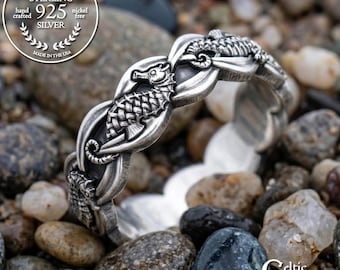 Sterling Seahorse Ring for Woman, Nautical Wedding Band, Marine Life Animal Jewelry, Silver Bride Ocean Ring, 2100