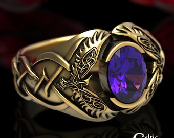 Mens Gold Raven Ring, Amethyst Celtic Ring, Odin Raven Ring, Men Viking Ring, Celtic Wedding Band, Gold Raven Ring, Platinum Mens Ring, 1477