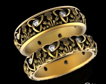 His Hers Gold Thistle Rings, Moissanite Scottish Wedding Ring Set, 10K 14K Gold Irish Knotwork Wedding Bands, Platinum Scotland, 4814 4813
