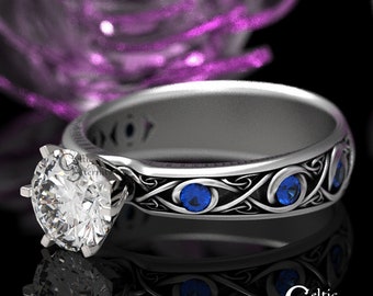 Celtic Moissanite Solitaire with Accent Sapphires, Celtic Engagement Ring, Diamond Sterling Silver Wedding Ring, Knotwork Wedding Ring 1429