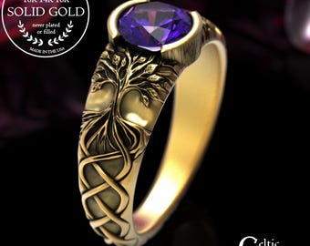 Gold Tree Soulmate Ring, 14K Amethyst Proposal Ring, Rose Gold Forest Engagement, 10K White Gold Bride Nature Wedding Ring, Tree Roots, 2034