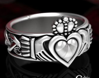 Sterling Silver Mens Claddagh Ring, Modern Claddagh Ring, Mans Celtic Wedding Band, Silver Irish Heart Ring, Claddagh Wedding Ring, 1544