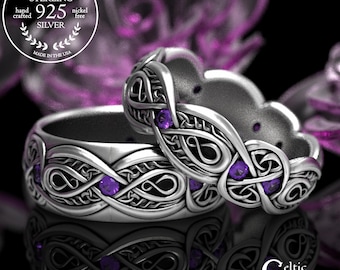 Sterling Silver & Amethyst Trinity Ring Set, Irish Gemstone Knotwork Rings, Elegant Celtic Wedding Rings, Handfasting Band Set, 1411 1642