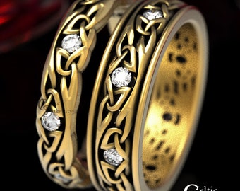 Matching Moissanite Gold Wedding Rings, His Hers Celtic Wedding Bands, Platinum Wedding Ring, Moissanite Celtic Ring, Wedding Set, 1467 1469