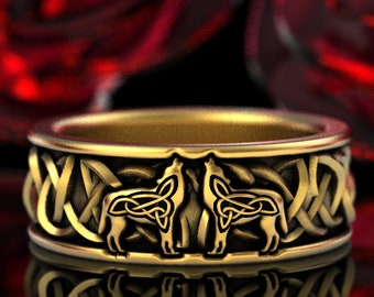 Gold Celtic Wolf Ring, Viking Wolf Ring, Celtic Wedding Band, Viking Wedding Ring, Wolf Wedding Band, Celtic Animal Ring, Wolf Jewelry, 1708