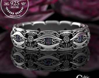 Womens Alexandrite Thistle Wedding Ring, Sterling Scottish Thistles Wedding Band, Amethyst Sapphire Irish Trinity Knotwork Celtic Bride,3230