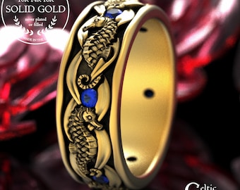 Gold & Sapphire Groom Seahorse Wedding Ring, 18K White Gold Nautical Anniversary, Platinum Men's Ocean Jewelry, Rose Gold Aquatic Ring, 2105