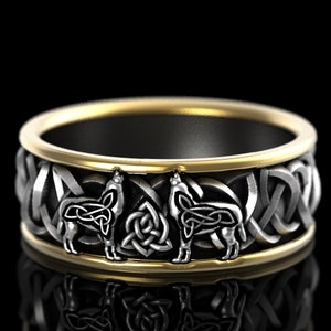 Celtic Wolf 2-Tone Ring in Sterling Silver & 10K Gold, Wolf Wedding Band, Viking Wolf Ring, Norse Ring for Him, Nordic Wolf Ring, 1702