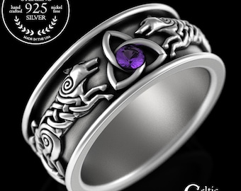 Amethyst Viking Wolf Ring, Sterling Mens Wedding Band, Irish Wolf Knotwork, Amethyst Nordic Wolf, Ireland Knotwork Wedding Ring, 3103