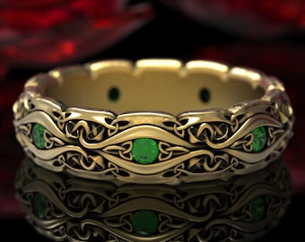 Mushroom Gold Ring with Emeralds, Nature Wedding Ring, Celtic Wedding Band, Mushroom Ring, Pagan Ring, Healing Jewelry, Shroom Ring, 1378