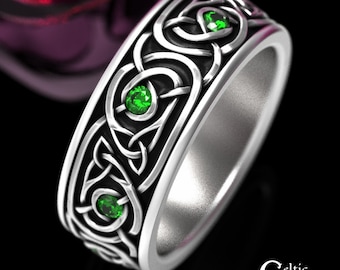 Sterling Celtic Ring, Mens Emerald Celtic Ring, Mens Emerald Wedding Ring, Silver Celtic Ring, Irish Wedding Ring, Men Celtic Ring, 1917