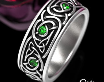 Sterling Celtic Ring, Mens Emerald Celtic Ring, Mens Emerald Wedding Ring, Silver Celtic Ring, Irish Wedding Ring, Men Celtic Ring, 1917