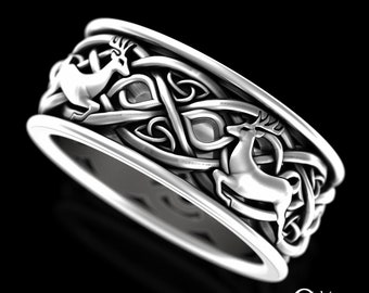 Sterling Silver Deer Ring, Celtic Deer Wedding Band, Mens Deer Ring, Reindeer Jewelry, Mens Forest Ring, Antler Spirit Animal Ring, 3126